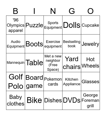 Preserve Yard Sale Bingo Card