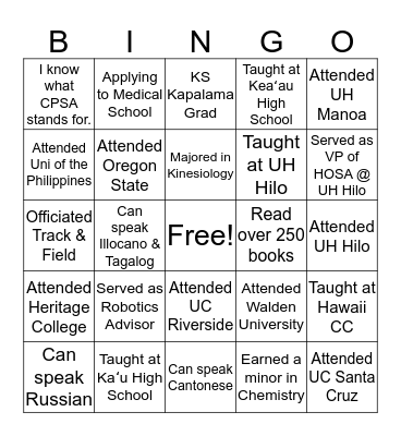 2019 UB Summer Academy Instructional Team Bingo Card