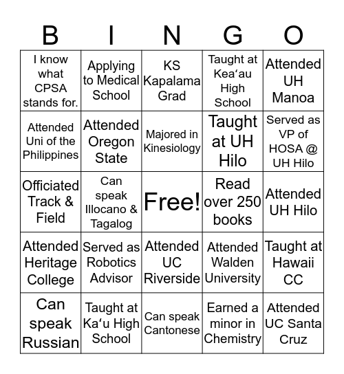 2019 UB Summer Academy Instructional Team Bingo Card