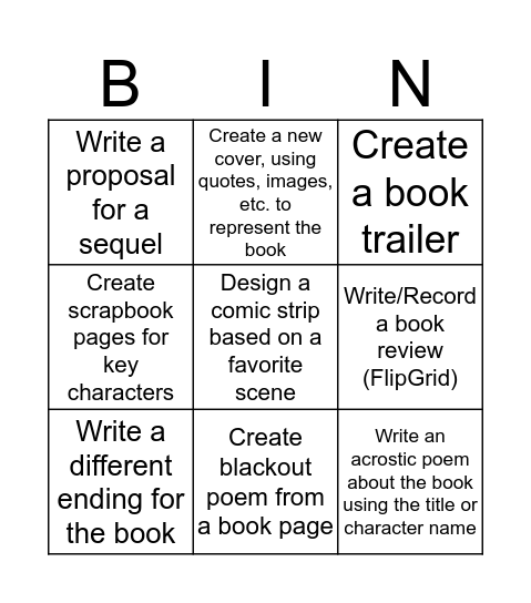 Book Report Choice Board Bingo Card