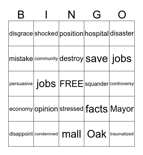 Old Oak park Bingo Card