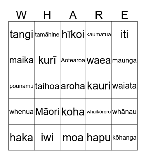 Whare Whare - Kupu Māori 1 Bingo Card