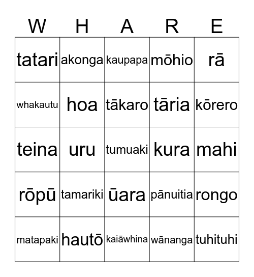 Whare Whare - Kura Bingo Card