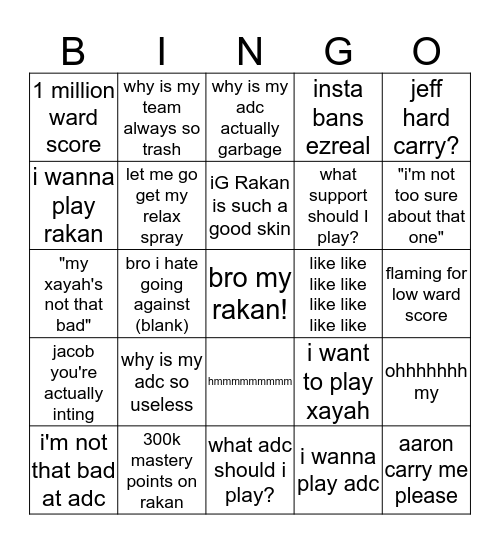 gloria's league game Bingo Card