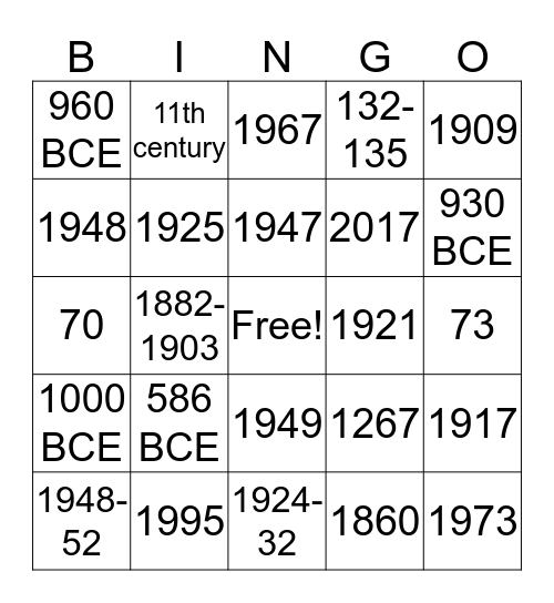 Israel at 71 Bingo Card