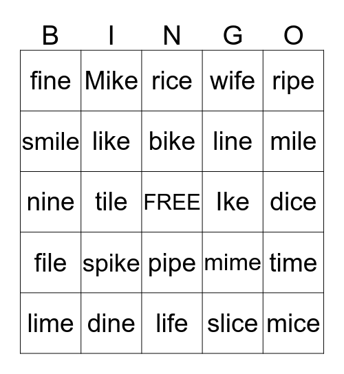 Long i Bingo Card