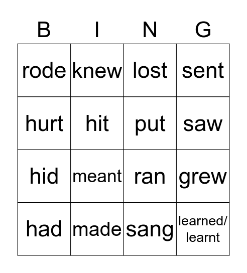 Irregular Verbs Bingo 2 Bingo Card