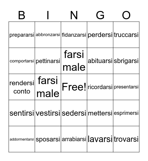 I verbi riflessivi Bingo Card
