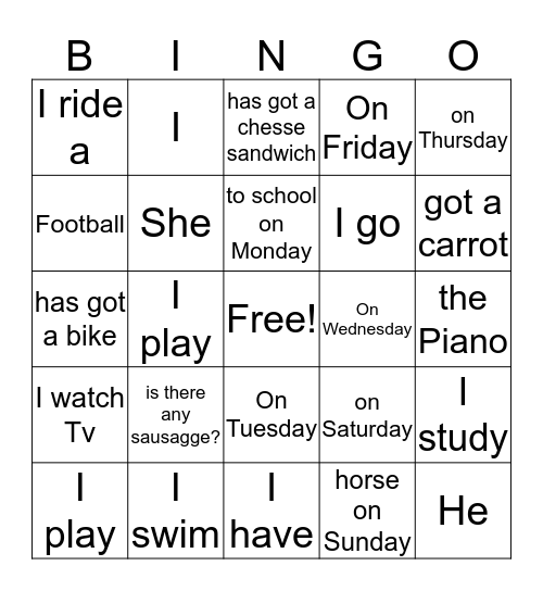 Bingo Sentences Bingo Card
