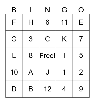 Numbers & Letters Bingo Card