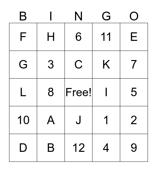 Numbers & Letters Bingo Card