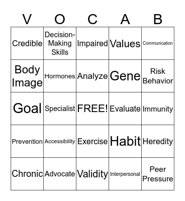 General Health Vocabulary Bingo Card