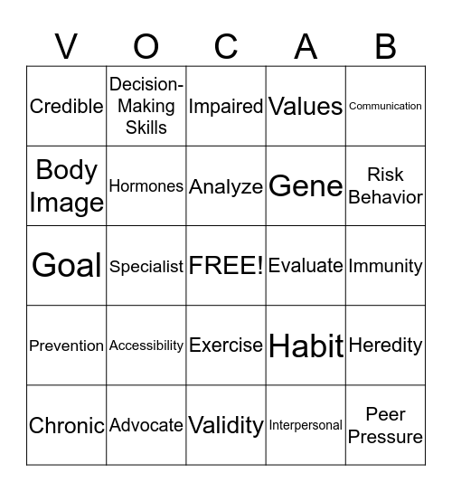 General Health Vocabulary Bingo Card