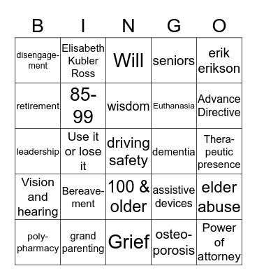Late Adulthood & Advanced Old Age Bingo Card