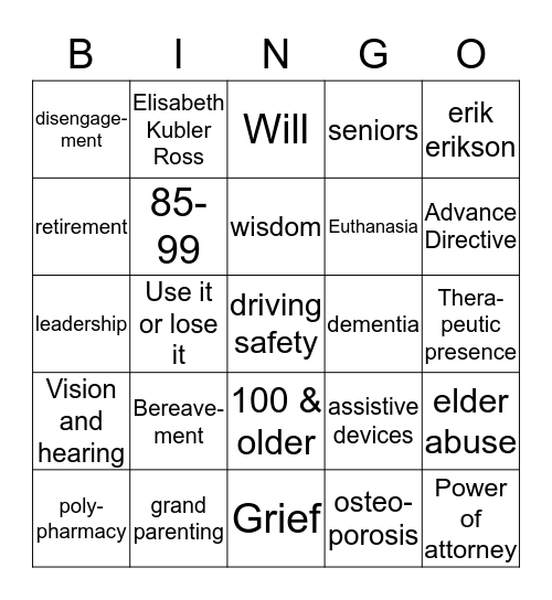 Late Adulthood & Advanced Old Age Bingo Card