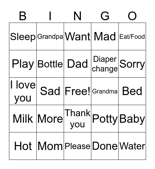 Baby Sign Lanugage Bingo Card