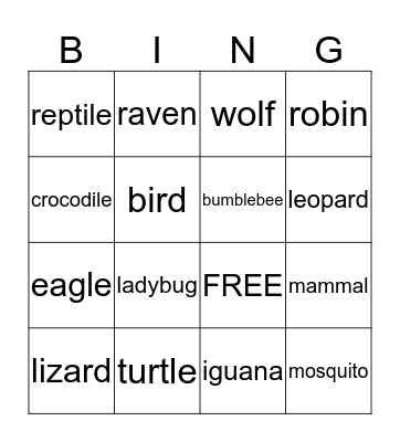 Animal Bingo Card