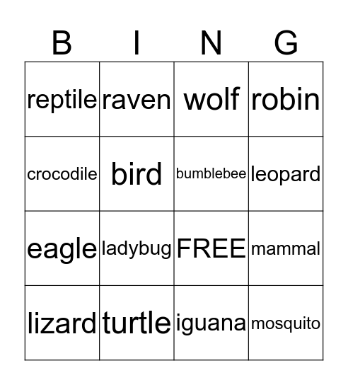 Animal Bingo Card