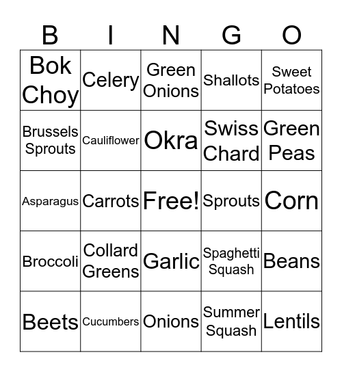 Vegetables Bingo Card