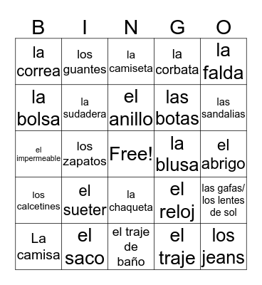 La ropa Bingo Card