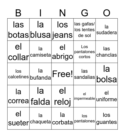 La ropa Bingo Card