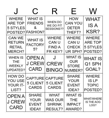 J Crew 130 New Year Bingo!! Bingo Card