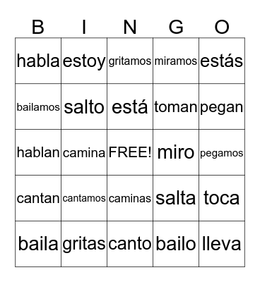 Conjugation of -AR Verbs Bingo Card