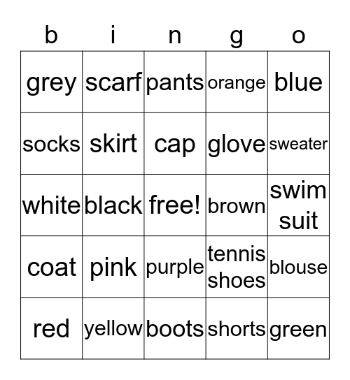 colors and clothing! Bingo Card