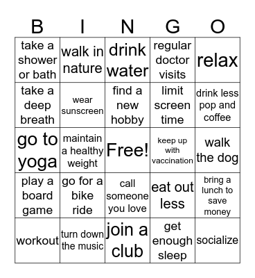 Healthy Lifestyles Bingo Card