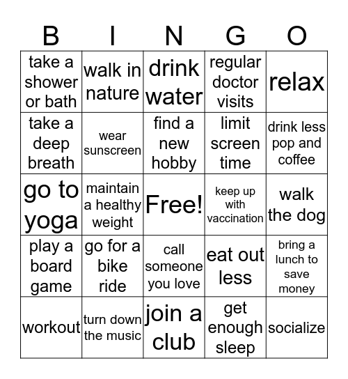 Healthy Lifestyles Bingo Card