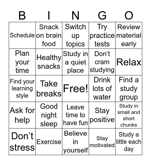 Study Tips Bingo Card