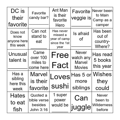 Wilderness 2 Get to Know You Bingo Card