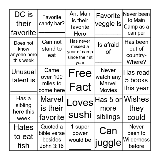 Wilderness 2 Get to Know You Bingo Card