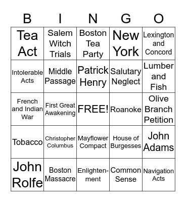 Colonial BINGO Card