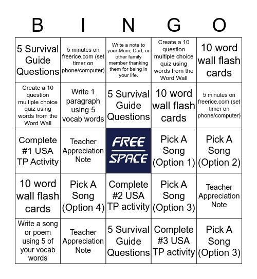 English Class Bingo Card