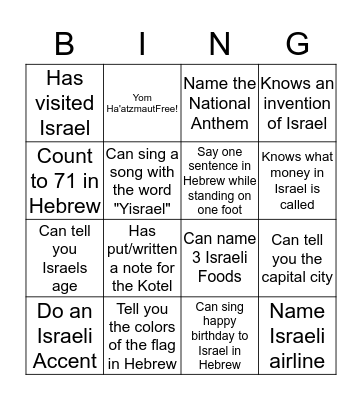 YOM HA'ATZMAUT HUMAN Bingo Card