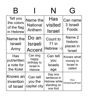 YOM HA'ATZMAUT HUMAN BINGO Card