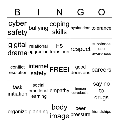 Internet Safety Bingo Card