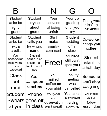 End of Year Bingo Card