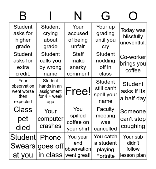 End of Year Bingo Card