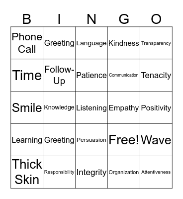 Customer Service Bingo Card