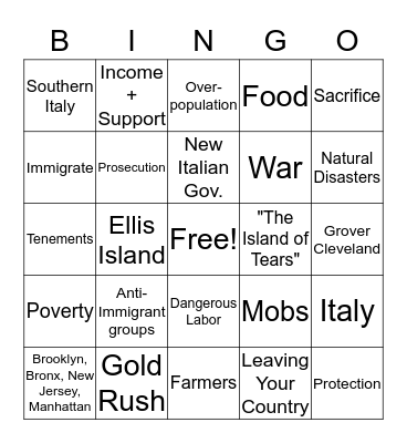 Italian Immigration Bingo Card