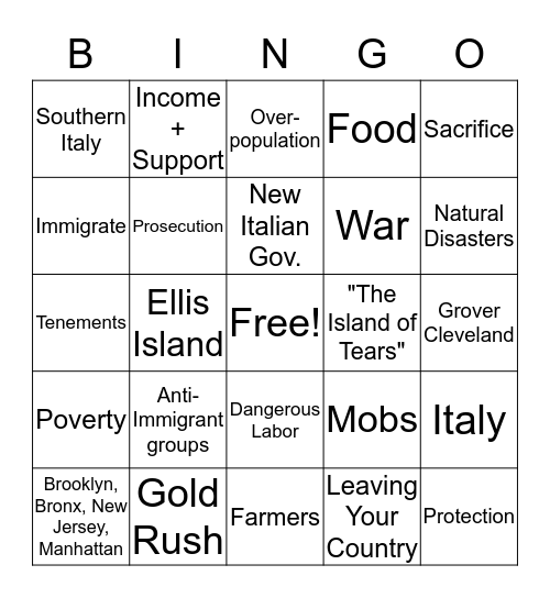 Italian Immigration Bingo Card