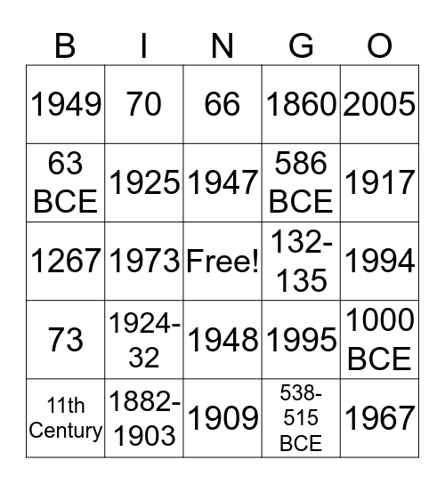 Israel at 70 Bingo Card