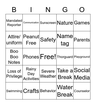 Camp Staff Manual Bingo Card