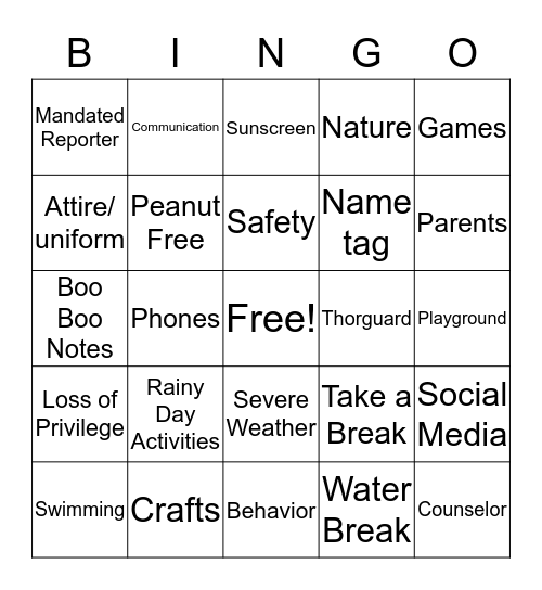 Camp Staff Manual Bingo Card