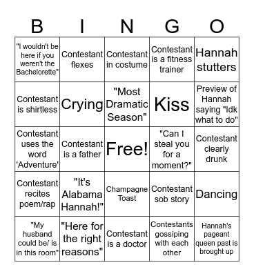 Alabama Hannah Bingo! (Bachelorette Season 15 Premiere) Bingo Card