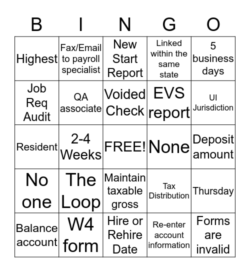 Bingo With Payroll Bingo Card