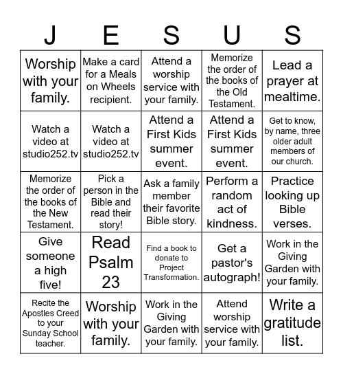 Summer Faith Builders (Elementary) Bingo Card