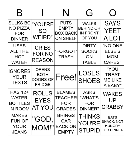 TEENAGER BINGO Card